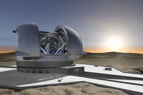 This new artist’s impression shows the future European Extremely Large Telescope (E-ELT), which is currently being planned by ESO. This revolutionary new ground-based telescope will be the largest optical/near-infrared telescope ever conceived, and will serve as “the world’s biggest eye on the sky”.  The present concept is for a telescope with a mirror 39 metres in diameter, able to capture images of the sky about a tenth the size of the full Moon. The telescope will contain five mirrors, a novel configuration that results in exceptional image quality. The largest (primary) mirror will consist of almost 800 segments, each 1.4 metres wide but only 50 mm thick. The optical system’s design also calls for an immense secondary mirror measuring 4.2 metres in diameter, which is almost as large as the biggest primary mirrors used in today’s telescopes.  With the start of operations planned early in the next decade, the E-ELT will tackle the biggest scientific challenges of our time. The massive telescope will take aim at a number of notable astronomical firsts, including tracking down Earth-like planets orbiting other stars in the “habitable zones” where life could exist — one of the hottest topics of modern observational astronomy. It will also perform “stellar archaeology” in nearby galaxies and make fundamental contributions to cosmology by measuring the properties of the first stars and galaxies. In addition, the E-ELT will probe the nature of dark matter and dark energy. During these scientific quests, astronomers eagerly anticipate some unexpected twists — new and unforeseeable questions will surely arise from discoveries made with the E-ELT. The design for the E-ELT shown here was published in 2009 and is preliminary.Other E-ELT images are also available on this link.